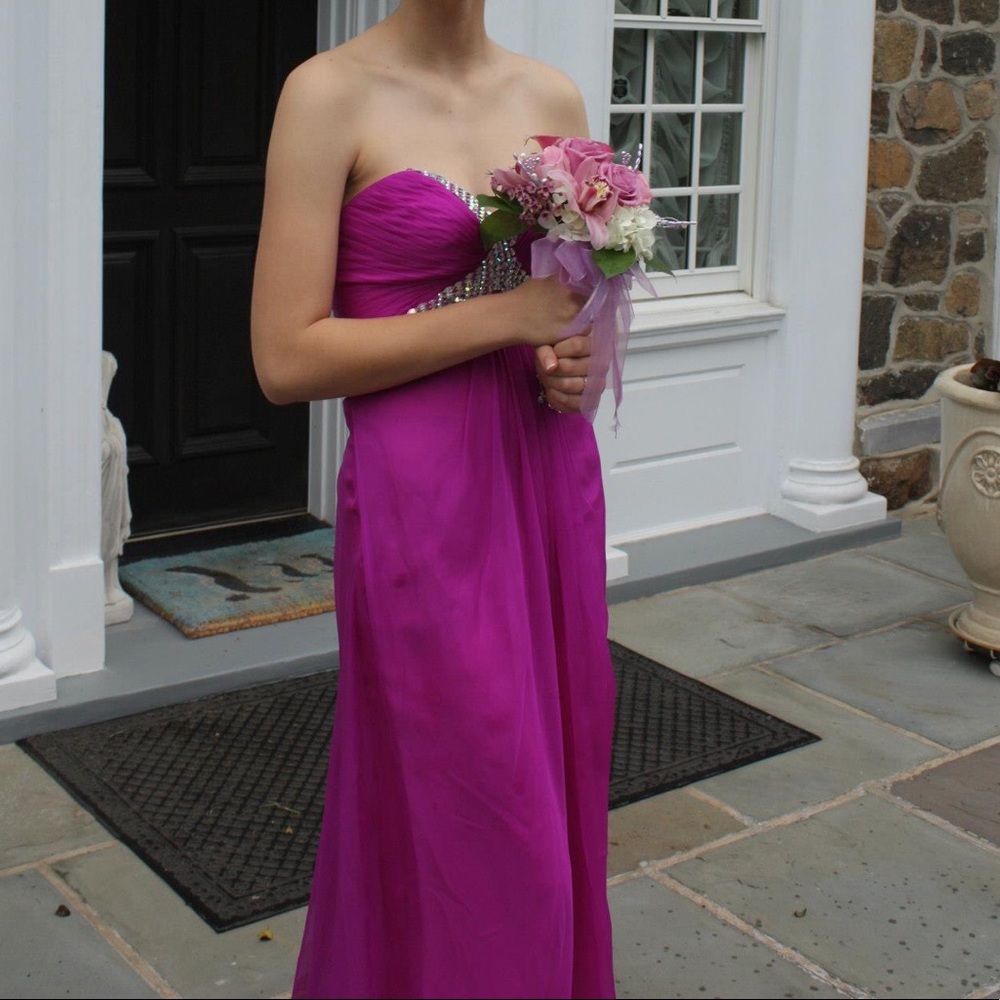 La Femme Beaded Strapless Open Back Prom Dress